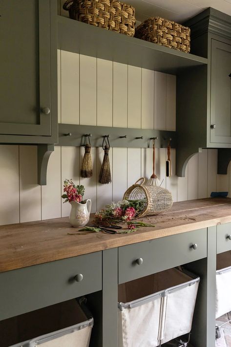 An Old English-Inspired Laundry Room Reno That’s Still Extremely Practical English Laundry Room, Green Laundry Room, Cottage Laundry Room, Junk Drawer Organizing, Country Laundry Rooms, Laundry Room/mud Room, Green Laundry, Mudroom Laundry Room, Laundry Room Renovation