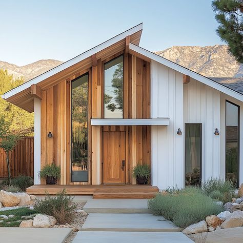 White Brick House With Wood Accents, White Brick Ranch House Exterior, Brick Ranch House Exterior, Wood Siding Ideas, Modern Farmhouse Barndominium, Brick Ranch Houses, Natural Wood Accents, Cabin Remodel, Oak Framed Buildings