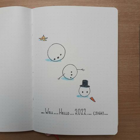 Cute bullet journal spread for 2022 with a snowman that fell apart. "Well...hello...2022...(sigh)... #bujo #bulletjournal #2022 2022 Title Page, Bullet Journal Front Page, Bullet Journal Title Page, Bullet Journal Titles, Boulet Journal, December Bullet Journal, Hello January, Journal 2024, Calendar Journal