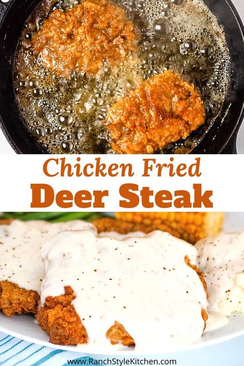 Country Fried Deer Steak, Chicken Fried Backstrap, Deer Minute Steak Recipe, White Tail Deer Recipes, Fried Steak Dinner Ideas, Chicken Fried Deer Steak, Venison Fried Steak Recipes, Fried Deer Backstrap, Deer Cubed Steak Recipes