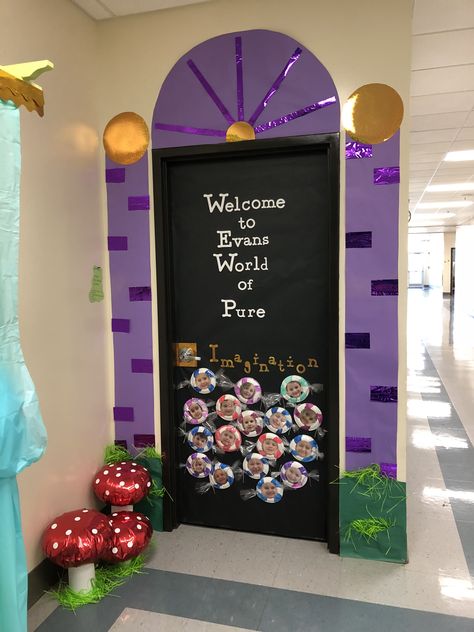 Wonka Door Decoration, Charlie And The Chocolate Factory Classroom Door, Charlie And The Chocolate Factory Door Decoration, Willy Wonka Classroom Door, Willy Wonka Classroom Theme, Willy Wonka Door Decorations, Willie Wonka Party Decorations, Wonka Week, Teacher Appreciation Week Door