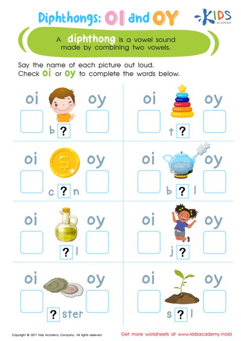 Review tricky spellings and increase your child’s reading and spelling skills using this vowel diphthongs oi oy worksheet! Dipthongs Worksheets, Oy Worksheets, Reading Simplified, Phonics Rhymes, Oi Oy, Vowel Diphthongs, Teaching Vowels, Apple Classroom, Rhyming Worksheet