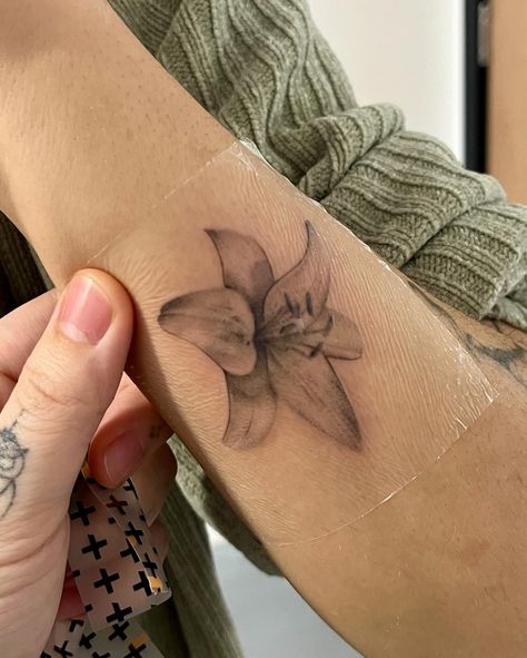 Lily flower tattoos recently done 🤍 Three flowers I do tattoo most are lily, tulip, and white rose These look really elegant and beautiful when engraved on our bodies in my opinion Gilded Lily Tattoo, Flower Tattoos With Words, I Do Tattoo, Tattoos Lily, Tulips Tattoo, Tiger Lily Tattoo, Three Tattoo, Lilies Tattoo, Lily Flower Tattoo