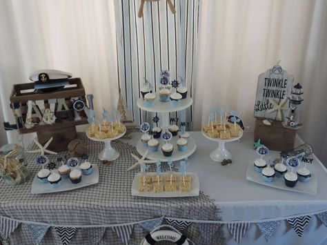 Javan's Beachy Nautical Baby Shower | CatchMyParty.com Nautical Baby Shower Decorations, Nautical Baby Shower Boy, Baby Shower Nautical, Baby Shower Table Decorations, Baby Shower Party Ideas, Baby Shower Desserts, Shower Party Ideas, Baby Shower Table, Nautical Baby Shower