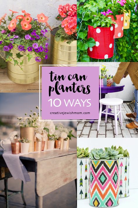 DIY-tin-can-pots-how-to Tin Can Garden Ideas, Coffee Can Planter, Can Planters, Bucket Crafts, Tin Pots, Recycled Tin Cans, Diy Hanging Planter, Aluminum Can Crafts, Concrete Vases