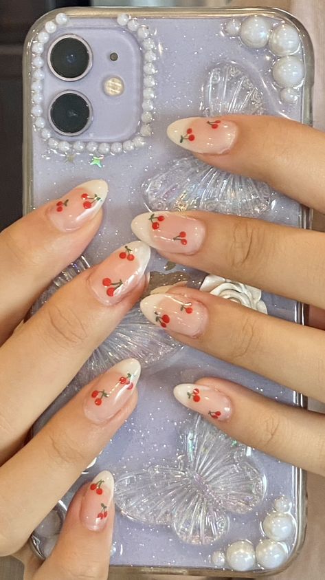 Cute Nails Cherry, Short Nail Designs Cherry, Cute Nail Extensions, Cherries Nail Art, Simple Cherry Nails, Cool Nail Inspo Simple, Nails For Kids Short, Red Simple Nails, Cherry Design Nails