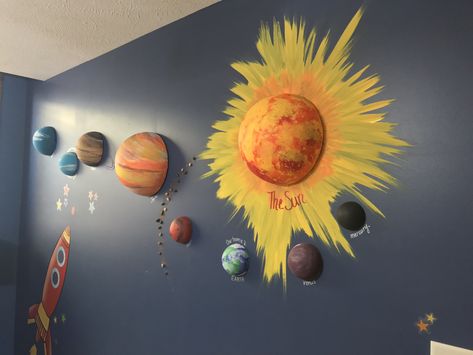 We finally finished our solar system! Yeah! Simple fun science art project. Used regular craft paints and styrofoam half spheres from Hobby Lobby. We used hot glue to attach them to the wall. Painted the sun rays and used sharpie markers for the labels. Easy and awesome!! Decoration On A Budget, Classroom Decoration Ideas, Space Theme Classroom, Innovative Teaching Ideas, Science Art Projects, Science Room, Science Classroom Decorations, Space Classroom, Science Decor