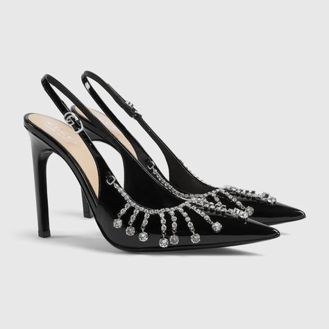 Women's pump with crystal chain in black patent leather | GUCCI® International Crystals Black, Gucci Pumps, Gucci Heels, Ultra Feminine, Womens Pumps, Pink Pumps, Luxury Purses, Satin Pumps, White Pumps