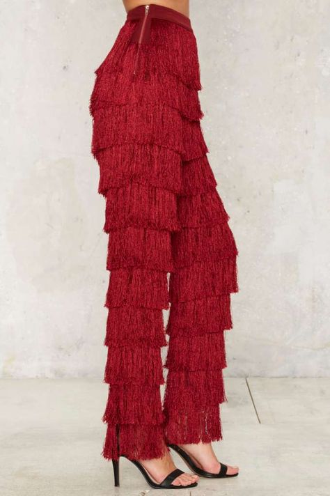 Fringe Pants, Red Fringe, Lavish Alice, Stylish Dresses For Girls, Designer Dresses Indian, Stage Outfits, Dance Outfits, Burgundy Red, Strappy Heels