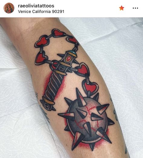 Mace Tattoo Heart, Heart Mace Tattoo, Ball And Chain Tattoo Traditional, Flail Tattoo American Traditional, Traditional Flail Tattoo, Heart Flail Tattoo, Mace Tattoo Traditional, Traditional Valentine Tattoo, Mace Tattoo Design