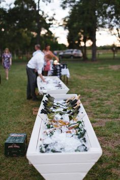 Wedding Drink Cooler Ideas, Drink Cooler Wedding, Beer Cooler Wedding, Outdoor Wedding Drinks Station, Wedding Coolers Drink Stations, Drink Trough Wedding, Drink Coolers For Wedding, Wedding Trough Drinks, Wedding Drink Trough