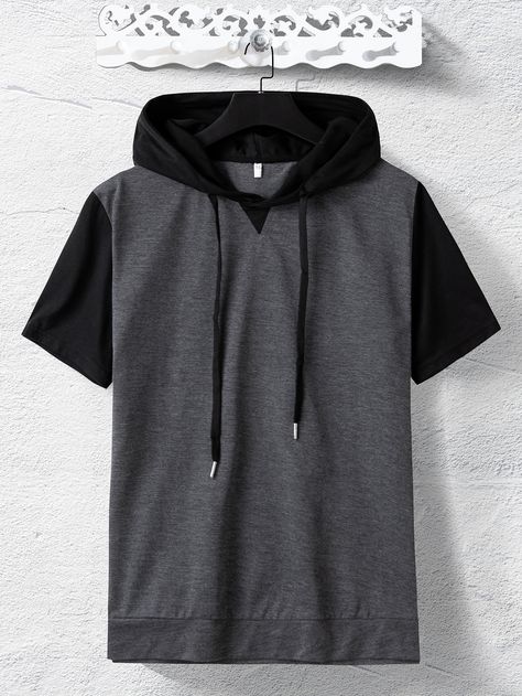 Dark Grey Casual  Short Sleeve Polyester Colorblock  Embellished Slight Stretch Summer Men Tops Techwear Hoodie, Streetwear Jackets, Clothing Design Sketches, Hooded Tee, Guys Clothing Styles, Short Sleeve Hoodie, Just Style, Men Fashion Casual Outfits, Men Tops