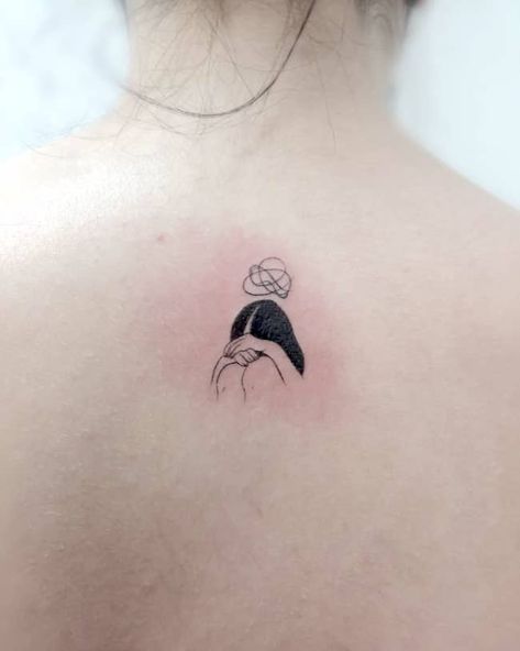 I think too much_small meaningful nape tattoo by @jess.tattoo- small meaningful tattoos Tattoos For People Who Care Too Much, Small Line Art Tattoos Meaningful, Introverted Tattoo Ideas, Tattoo For Insecurity, Interesting Small Tattoos, Over Thinking Tattoos, Tattoos For Quiet People, Tattoos Lonliness Ideas, Tattoo For Introverts