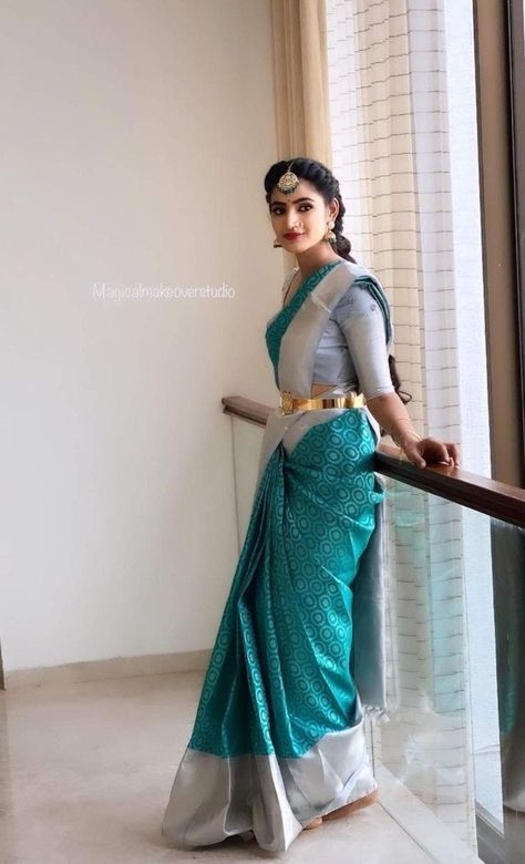 Saree Color Combinations, Indian Wedding Saree, Sari Shop, Designer Sari, Saree Hairstyles, Blue Silk Saree, Saree Wearing Styles, Sarees For Girls, Bridal Sarees South Indian