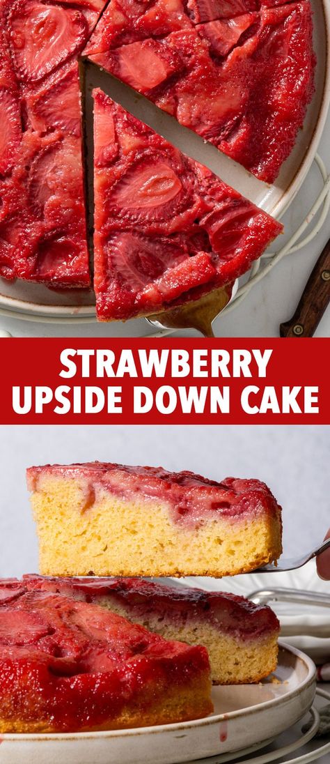 Gluten Free Strawberry Upside Down Cake - This strawberry upside down cake combines a soft vanilla sponge with a layer of juicy strawberries – and it’s super easy to make! It’s a one-bowl recipe and unlike many other upside down cake recipes, you don’t have to make a caramel: instead, the natural juices from the strawberries mingle with the sugar in the oven to create the most delicious strawberry syrup. Strawberry cake. Summer dessert ideas. Strawberry recipes. Gluten free cake recipes. Strawberry Recipes Gluten Free, Upside Down Cake Recipes, Gluten Free Cake Recipes, Summer Dessert Ideas, Strawberry Upside Down Cake, Fruit Sweets, Strawberry Vanilla Cake, Gluten Free Cake Recipe, Summer Baking