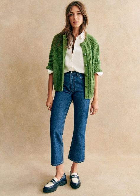 Emile Cardigan - Multicoloured - Merino Wool - Sézane Look Jean, Cool Girl Style, Chique Outfits, Rib Knit Cardigan, Green Cardigan, Cardigan Outfits, Stylish Work Outfits, Cardigan Fashion, Mode Inspiration