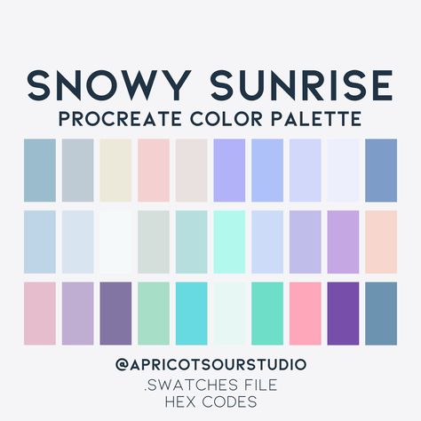 "*DIGITAL DOWNLOAD* Introducing \"Snowy Sunrise,\" the exquisite Procreate color palette that brings the serene beauty of a winter morning to your digital canvas. Immerse yourself in the delicate hues of pale pinks, soft blues, and muted purples, reminiscent of the first light peeking through a blanket of freshly fallen snow. This thoughtfully curated collection of colors captures the tranquility and purity of a snowy sunrise, allowing artists to effortlessly convey a sense of calm and wonder in their creations. Whether you're an illustrator, designer, or hobbyist, \"Snowy Sunrise\" provides a harmonious blend of tones that will elevate your digital artwork, adding a touch of ethereal charm to your every stroke. Embrace the enchantment of winter mornings with this enchanting color palette Frosty Color Palette, Snowy Color Palette, Sunrise Color Palette Mornings, Icy Color Palette, Color Plattes, Sunset Color Scheme, Snowy Sunrise, Procreate Palette, Winter Palette