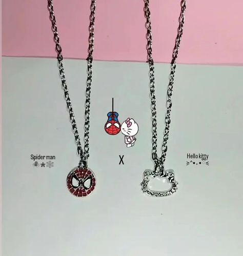 🕷🕸Spider Man X Hello kitty ≽^• ˕ • ྀི≼ Spiderman x hello kitty pendents are now available to order💗🫶🏻 Get your hands on these cute hello kitty and spider man jewelry articles. DM us to order 🎀 small business, handmade jewelry, custom jewelry, packing orders, handmade necklaces, handmade bracelets, handmade rings, handmade keychains, phone charms, unique accessories, spider man x hello kitty, spider man, hello kitty Spider Man And Hello Kitty Matching Bracelets, Hello Kitty Couple Necklace, Adjustable Hello Kitty Jewelry Gift, Hello Kitty Handmade Necklace, Necklaces Hello Kitty, Hello Kitty Jewelry, Handmade Keychains, Pretty Jewelry Necklaces, Couple Jewelry