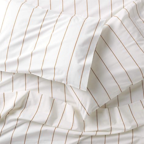 200 Thread Count Striped Brulee Brown and White Percale Cotton Sheet Set Queen + Reviews | Crate & Barrel Dorm Shopping, White Sheet Set, College Dorm Room Essentials, Striped Bedding, Bedroom Bliss, Bamboo Sheets, White Sheets, Crate Barrel, Dorm Room Essentials