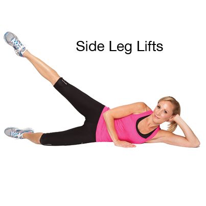 Side Leg Lifts. How to do it: Lie on your right side with your right arm at a 90-degree angle supporting your head. Place your left palm on the floor in front of you. Bend your bottom leg slightly. Lift your top leg to 45-degrees and then lower just before you touch your bottom leg. Lift and lower your top leg for the entire series of reps. Repeat on your left side. Good Ab Workouts, Ab Workouts For Men, Leg Lifts Workout, Hamstring Exercises, Vs Workout, 300 Workout, Gym Program, Best Ab Workouts, Best Body Weight Exercises