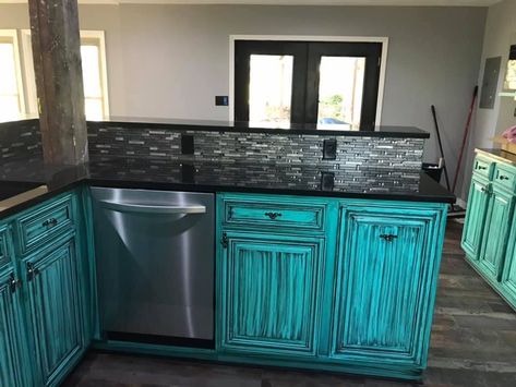 Turquoise Kitchen Cabinets, Floating Nightstand Ideas, Rustic Rooms, Turquoise Cabinets, Modern Floating Nightstand, Western House, Western Kitchen Decor, Nightstand Ideas, Kitchen Center Island