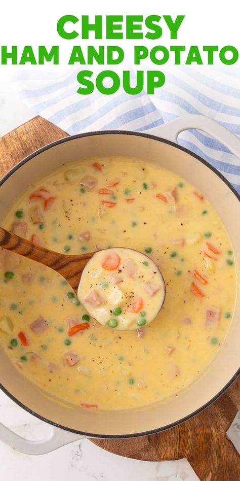 Leftover ham is transformed into a creamy and comforting soup in this Cheesy Ham and Potato Soup that's prepared with simple ingredients on the stove top. Ham And Cauliflower Soup, Easy Ham And Potato Soup, Ham Soup Crockpot, Cheesy Ham And Potato Soup, Ham And Potato Recipes, Ham Potato Soup, Ham Chowder, Ham Soup Recipes, Ham Bone Soup