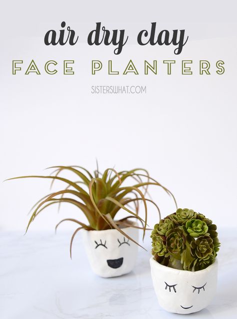 DIY Air Dry Clay Mini Face Planters a Clay Handicraft Kid Project - Sisters, What! Dollar Tree Air Dry Clay, Air Dry Clay Air Plant Holder, Pinch Pot Air Dry Clay, Air Dry Clay Flower Pots, Air Dry Clay Face, Air Dry Clay Planter, Air Dry Clay Pots, Diy Clay Pots, Airclay Ideas