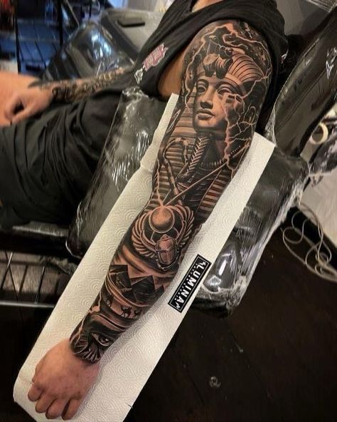 Egyptian Arm Tattoo, Ancient Egypt Tattoo, Egyptian Sleeve, Egypt Tattoo Design, Portrait Tattoo Sleeve, Pyramid Tattoo, Tattoo Ideas Males, Half Sleeve Tattoos Forearm, Cool Half Sleeve Tattoos