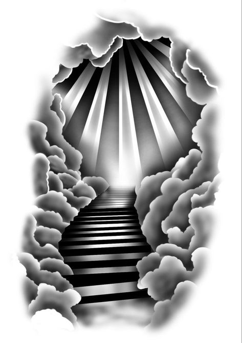 Stairway To Heaven Tattoo, Cloud Tattoo Design, Herren Hand Tattoos, Jesus Tattoo Design, 42 Tattoo, Heaven Tattoos, Half Sleeve Tattoos Drawings, Sunset Tattoos, Tattoo Background