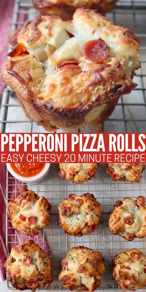 Introducing your new favorite recipe, easy, cheesy Pull Apart Pepperoni Pizza Rolls! These homemade rolls are made with canned biscuit dough and 5 other simple ingredients for an easy appetizer, or side dish, made in just 20 minutes! Pizza Muffins Recipe, Grand Biscuit Recipes, Pillsbury Biscuit Recipes, Biscuit Recipes Dinner, Pepperoni Pizza Rolls, Canned Biscuit, Pull Apart Pizza Bread, Homemade Appetizer, Spicy Appetizers