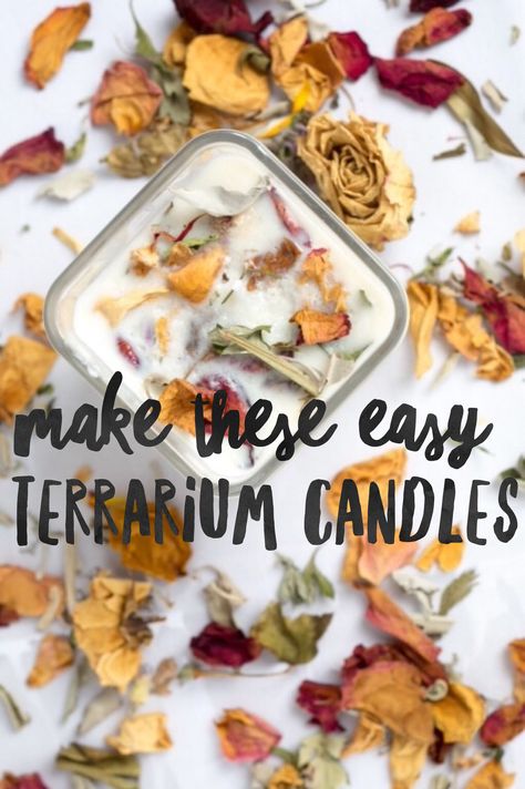 Easy & Gorgeous! Use dried flowers, garden smudge, or plants to make these… Diy Rose Candles, How To Make Candles With Dried Flowers, Easy Terrarium, Candles With Dried Flowers, Christmas Candle Crafts, Diy Candles With Flowers, Dried Flower Candles, Floral Candles, Terrarium Candle