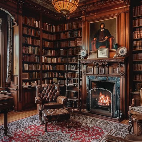 Classic Library Room: An inviting classic library room with a warm fireplace, leather armchair, and wooden shelves filled with books. #library #classic #fireplace #armchair #wooden #books #shelves #portrait #aiart #aiphoto #stockcake https://ayr.app/l/bN9V English Manor Library Study, Old English Library Aesthetic, Library Room Vintage, Victorian Era Library, Library Parlor Room, Old Fashioned Library Room, Antique Study Room, Fireplace In Library, English Library Aesthetic