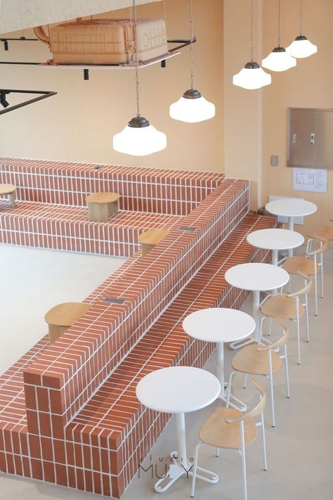 Cafe Flooring, Brick Table, Brick Bar, Brick Cafe, Cafe Furniture Design, Brick Furniture, Bakery Shop Design, Counter Seating, Cafe Furniture