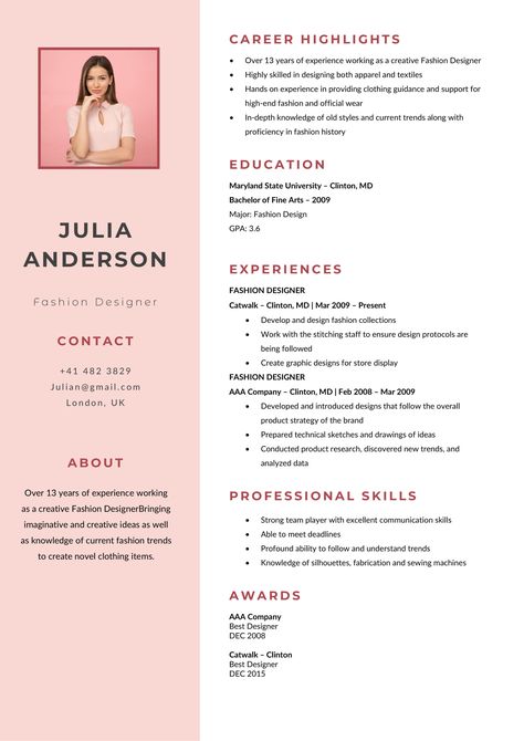 Fashion Designer Resume Format, Fashion Designing Resume, Fashion Designer Resume Template, Resume Format For Graphic Designer, Fashion Cv Template, Cv For Fashion Designer, Fashion Resume Design, Resume Design Creative Professional, Cute Resume Template