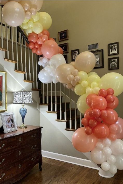 Elevate your event decor to new heights with our enchanting stairway balloons! Transform ordinary stairs into a stunning focal point, adding a touch of whimsy and elegance to any occasion. Explore Pinterest for more stairway balloon inspiration and take your event to the next level! Balloons On Banister, Balloon Arch Staircase, Banister Balloon Garland, Balloon Decorations On Stairs, Balloon Staircase, Ballon Stairs Decoration, Balloons On Stairs, Stairway Balloon Decoration, Balloon On Stairs