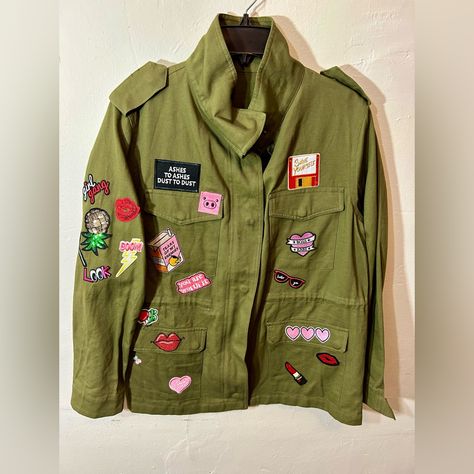 Custom Made Army Green Military Junk Patch Jacket Size Large Hang Dry Only, Do Not Put In The Dryer Bust 34 Inches Length 28 Inches Button Zipper Currently Taking Orders For Custom Orders, Dm For More Question 4 Pockets Custom Made, And Beaded Army Jacket With Patches, Upcycled Army Jacket, Vintage Patches Jacket, Junk Jackets, Ralph Lauren Military Jacket, Pink Utility Jacket, Jacket With Patches, Patch Jacket, Sherpa Lined Jacket