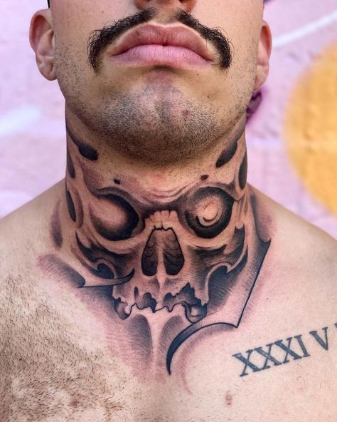 Skull Neck Tattoo For Men, လည်ပင်း Tattoo, Throat Tattoo Men Ideas, Skull Throat Tattoo, Tattoo Am Hals, Front Neck Tattoos For Men, Skull Neck Tattoo, Throat Tattoo Men, Neck And Throat Tattoos Men