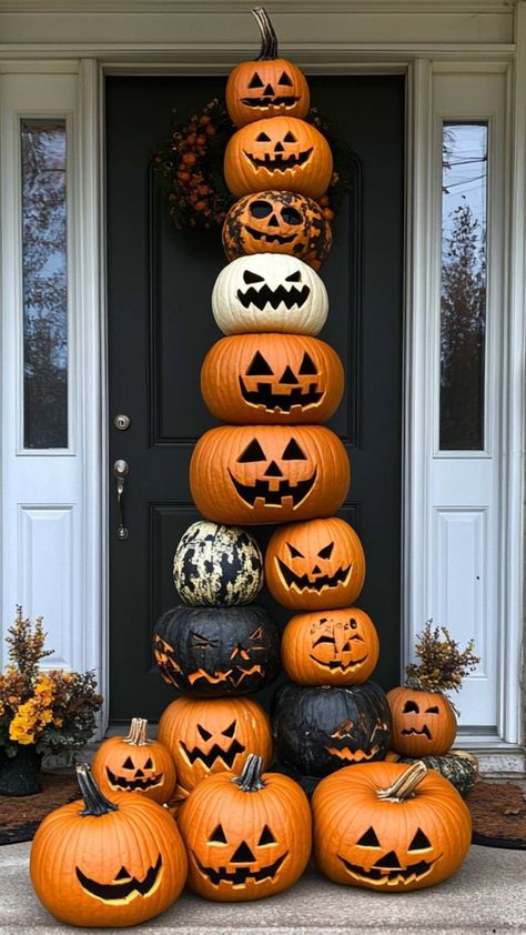 Build towering pumpkin totems for a grand Halloween entrance! Perfect for making a bold statement. 🎃🔝 #PumpkinTotems #HalloweenDecor #FestiveDisplay Halloween Entrance, Halloween Yard Displays, Halloween Tree Decorations, Jack O Lanterns, Day Of Dead, Halloween Tree, Stacked Pumpkins, Fence Decor, Halloween Yard