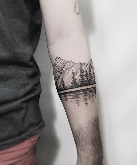 Pine Tree Arm Band Tattoo, Marshland Tattoo, Mountain Tattoo American Traditional, Mountain Cuff Tattoo, Mountain Armband Tattoo, Mountain Band Tattoo, Nails Designs Wedding, Armband Tattoo Mann, Wedding Nails Natural