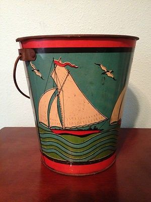 Vintage Sand Pail with sailboats Sand-colored Bucket Bag For Vacation, Vintage Beach Bucket Straw Bag, Vintage Bucket-shape Travel Bag, Sand Bucket Party Favors Kids, Old Fashioned Toys, Beach Pail, Bucket And Spade, Victorian Toys, Vintage Bucket