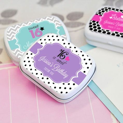 Sweet 16 Favors-Personalized Mint Tins-Quinceanera Favors-Unique Party Favors (set of 24) by SweetPartyGoodies on Etsy https://www.etsy.com/listing/269019030/sweet-16-favors-personalized-mint-tins Winter Favors, Sweet 16 Favors, Quinceanera Favors, Favors Ideas, 15 Birthday, Unique Party Favors, Mint Tins, Sweet Sixteen Parties, Quinceanera Party