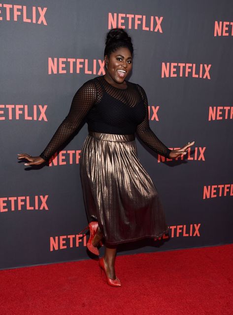 Danielle Brooks Gets Real About Sizeism in Fashion Netflix Event, Danielle Brooks, Plus Size Chic, Metallic Pleated Skirt, Black Actresses, Look Plus Size, Metallic Skirt, Big Girl Fashion, Dark Skin Women