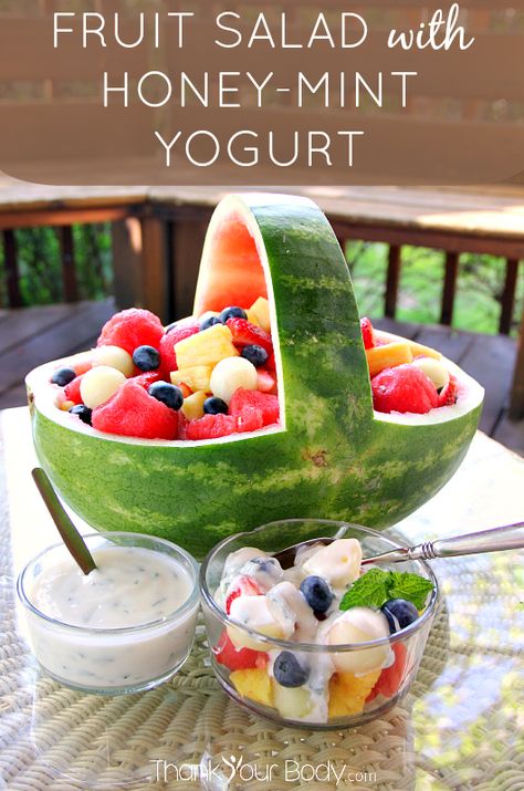 Try this luscious fruit salad drizzled with refreshing honey-mint yogurt! Make it fancy in a watermelon basket. Mint Fruit Salad, Fruit Basket Watermelon, Fruit Salad Decoration, Salad Decoration Ideas, Salad Decoration, Watermelon Basket, Fruit Salad With Marshmallows, Dressing For Fruit Salad, Mint Yogurt