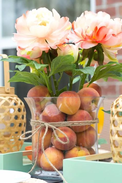 18  Amazing Peach Themed Baby Shower Ideas (  Free Invitation) One Sweet Peach Table Centerpieces, Peach Table Centerpieces, Peach Floral Centerpieces, Sage And Peach Wedding Centerpieces, Decorating With Peaches, Peach Color Party Decorations, Peach Theme Party Favors, Peach Themed Kitchen, Peaches Centerpiece