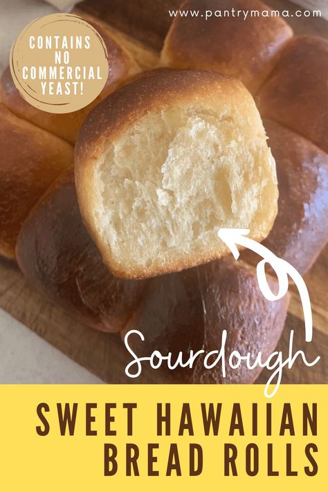 Sourdough Hawaiian Rolls Recipe, Active Sourdough Starter Recipes, Sourdough Bread Rolls, Hawaiian Bread Rolls, Pantry Mama, Sourdough Dinner Rolls, Hawaiian Bread, Simple Sourdough, Recipe Using Sourdough Starter