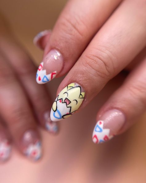 TOGEPI! Omg how cute did this little dude turn out?! 🥹 Maxine had been booked in for a month before she finally got to come and get these wee cuties! 😍 We did one on the thumb for her to look at while she’s driving and one on the ring finger to show everyone else 🤣 completed with some matching frenchies on the other nails! This was a full set of Designer Nails Soft Gel Extensions Togepi Nails, Mimikyu Nails, Jigglypuff Nails, Snorlax Nails, Ditto Nails, Eevee Nails, Pokemon Nails Designs, Gaming Nails, Animal Crossing Nails