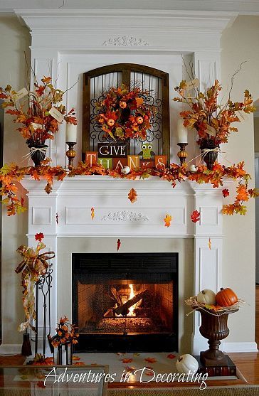 Adventures in Decorating Fall Mantel Dekorasi Halloween, Fall Fireplace, Fall Mantle, Thanksgiving Decorations Diy, Diy Thanksgiving, Fall Deco, Fall Thanksgiving Decor, Autumn Decorating, Fall Mantel Decorations