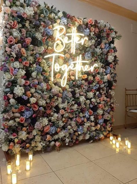 Led Flower Wall, Flower Wall Party Decoration, Photobooth Flower Backdrop, Flower Wall Set Up, Flower Feature Wall, Flower Wall Photo Booth, Wall Gardens Outdoor, Flower Wall With Neon Sign, Flower Wall Aesthetic