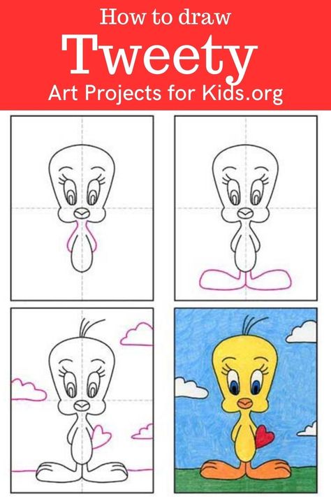 Learn how to draw Tweety Bird with an easy step-by-step PDF tutorial. Bird Drawing Easy, Tweety Cartoon, Drawing Projects For Kids, Cartoon Drawing Images, Tweedy Bird, Cartoon Character Drawing, Tweety Bird Drawing, Bird Coloring Page, Creative Art Projects