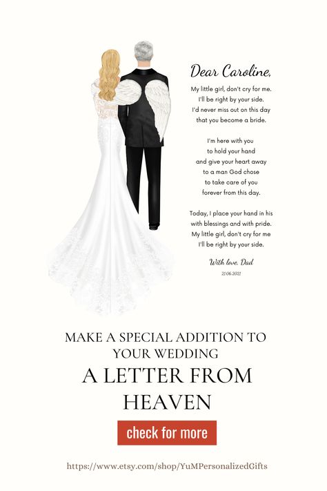 Our exclusive letter from passed away father or grandfather to the bride design makes a perfect personalized gift for your Wedding. This listing is for passed away father of the bride, father of the groom, step dad of the bride, grandfather of the bride or grandfather of the groom. ✨DIGITAL FILE and PRINT✨ Heaven Poems, Wedding Remembrance, Wedding Card Messages, Letter From Heaven, Remembering Dad, Dad In Heaven, Wedding Poems, Wedding Planning Timeline, Love You Dad